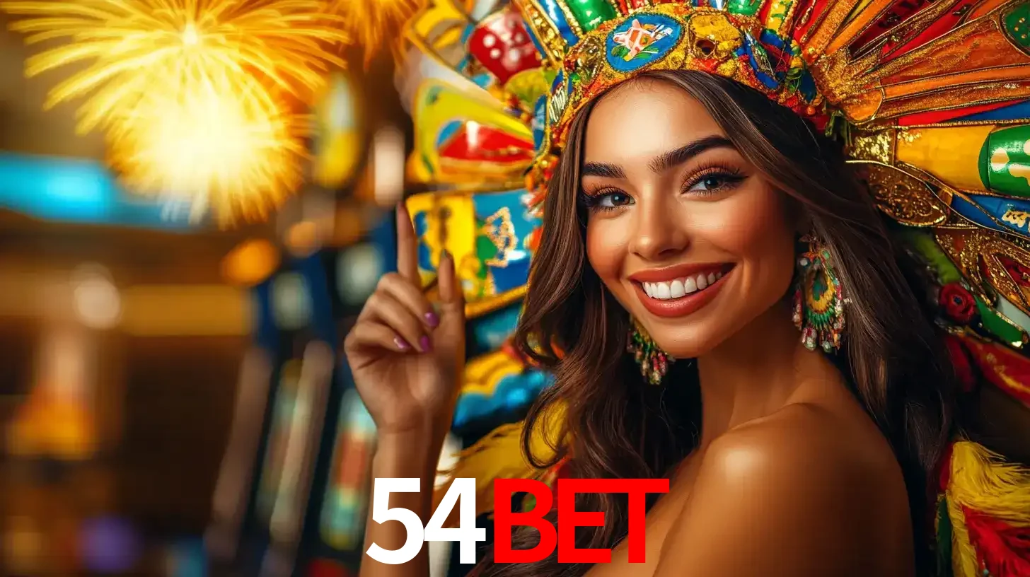 Mulher sorridente com um cocar de carnaval vibrante e colorido, celebrando uma grande vitória nos jogos do cassino 54BET com fogos de artifício ao fundo.