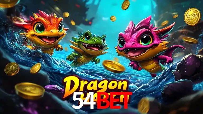 Arte promocional do jogo Dragon Hatch com três adoráveis dragões bebês nadando entre moedas de ouro, um dos slots mais divertidos para jogar no cassino 54BET.