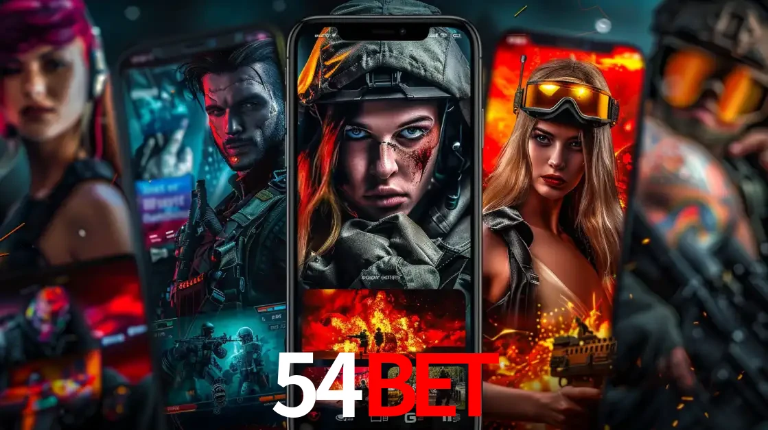 Montagem de telas de celular mostrando diversos personagens, masculinos e femininos, de um jogo de tiro, ilustrando a diversidade de equipes de e-sports para apostar no 54BET.