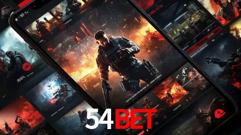 Tela de um celular exibindo uma galeria de jogos de tiro com temática militar, mostrando a variedade de e-sports disponíveis para apostas na plataforma de entretenimento 54BET.