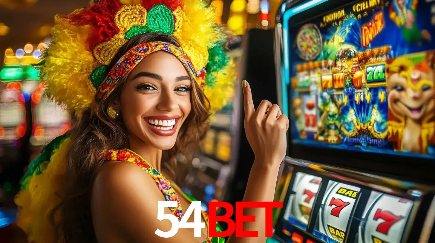 Mulher animada com um cocar de carnaval apontando para uma máquina de caça-níqueis, mostrando a emoção de ganhar um grande prêmio nos jogos do 54BET.