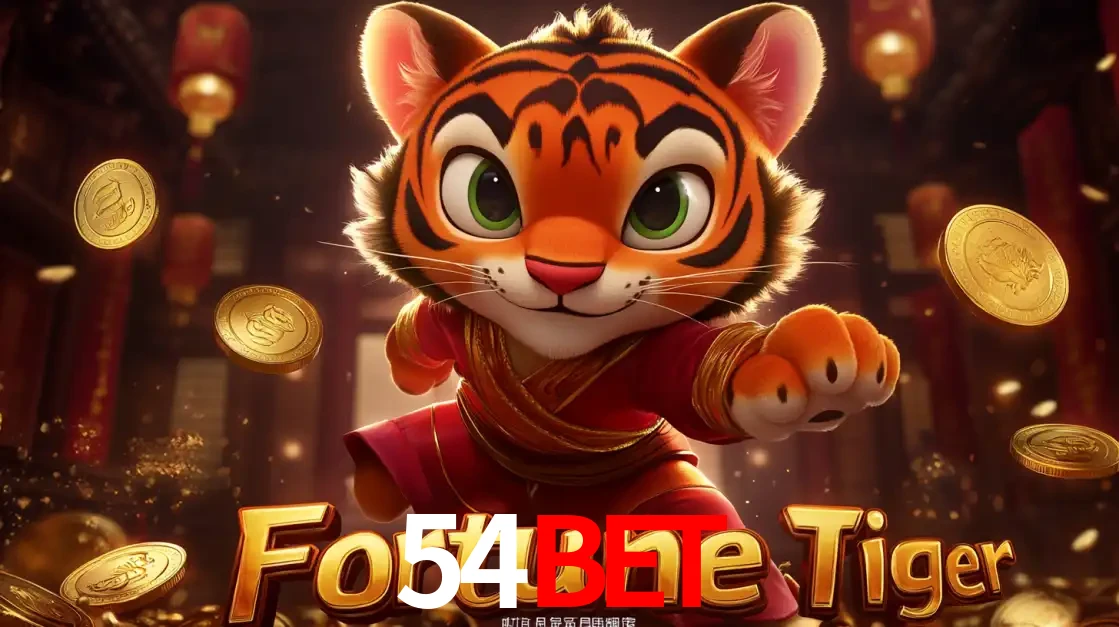 O carismático mascote do jogo de slot Fortune Tiger, um tigre fofo em pose de artes marciais, pronto para trazer sorte e multiplicadores de ganhos no cassino online 54BET.