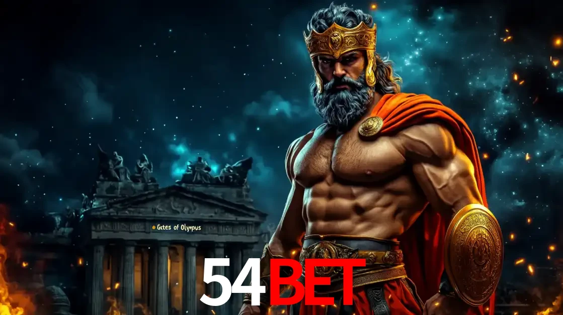 O poderoso Zeus do jogo de slot Gates of Olympus em frente ao seu templo, pronto para lançar multiplicadores divinos e prêmios épicos no cassino online 54BET.