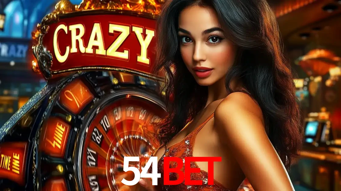 Mulher glamourosa olhando para a câmera com a roda vermelha do Crazy Time ao fundo em um ambiente de cassino, destacando a emoção dos jogos ao vivo no 54BET.