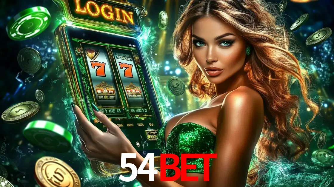 Mulher com tema verde apresentando o aplicativo do cassino 54BET com um jogo de slot de 777, cercada por fichas de cassino e uma aura de sorte.