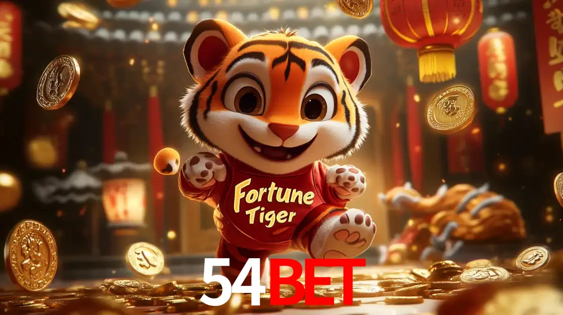 O alegre personagem do Fortune Tiger correndo sobre um caminho de moedas de ouro, simbolizando os grandes prêmios e a diversão do popular jogo de slot do 54BET.