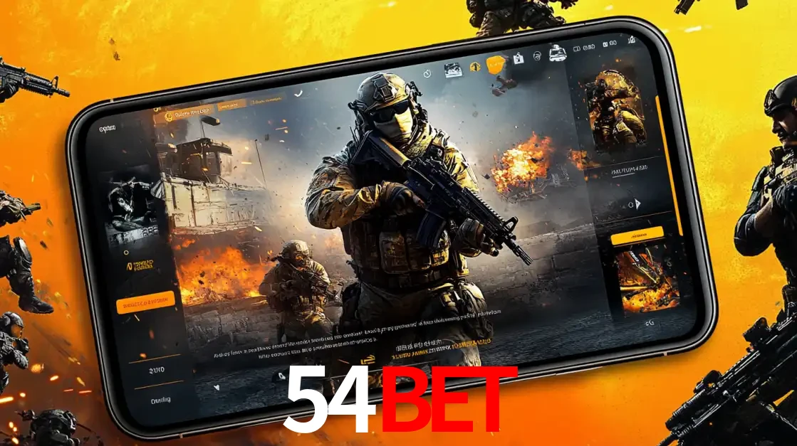 Um smartphone exibindo a interface de um jogo de tiro em primeira pessoa, com um soldado em um cenário de batalha, representando a ação dos e-sports para apostar no 54BET.
