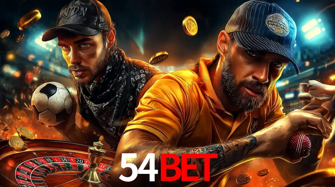 Montagem de apostas esportivas e cassino no 54BET, com um homem segurando uma bola de futebol e outro uma de beisebol sobre uma roleta e moedas voadoras.