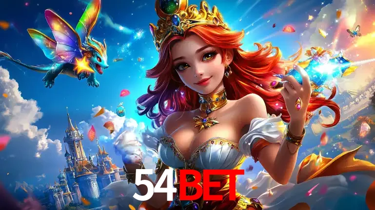 A princesa de um reino de fantasia mágico, com seu pequeno dragão, apresentando um mundo de prêmios encantados nos jogos de caça-níqueis do cassino 54BET.