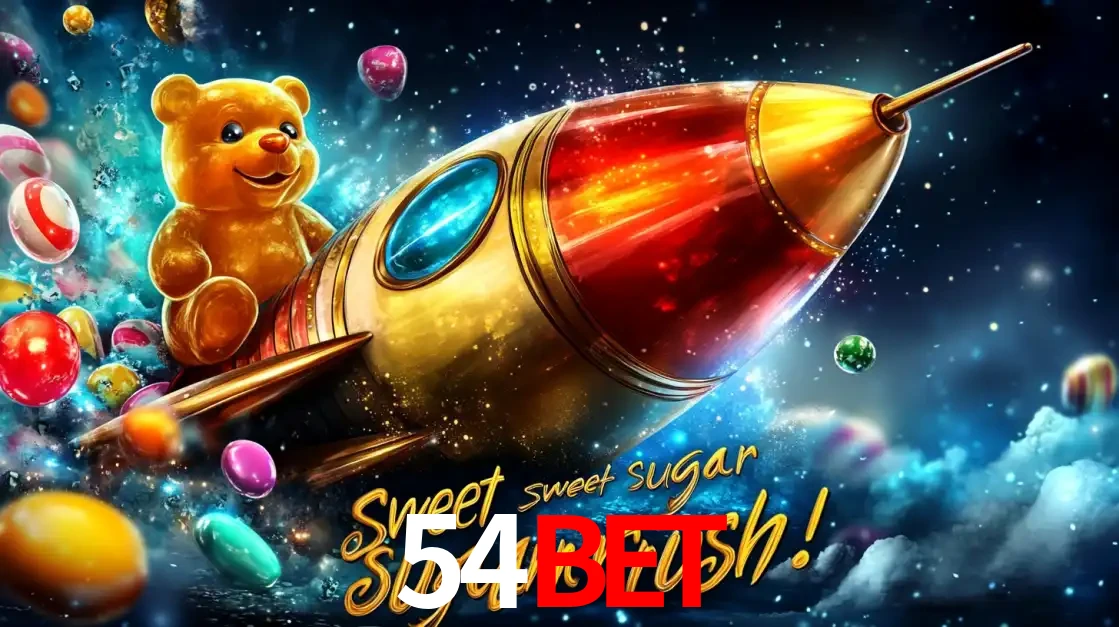Arte promocional do jogo de slot Sugar Rush, com um urso de pelúcia em um foguete viajando pelo espaço de doces, um dos jogos divertidos disponíveis no cassino 54BET.