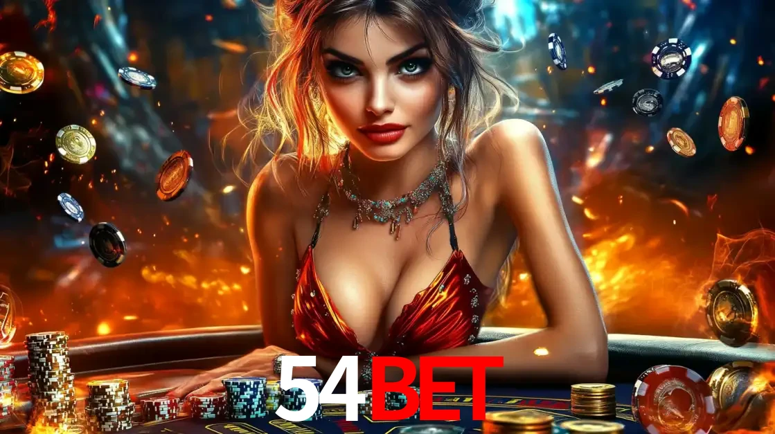 Mulher em uma mesa de cassino com pilhas de fichas e um fundo de fogo, pronta para uma rodada de altas apostas nos jogos de mesa emocionantes do cassino 54BET.