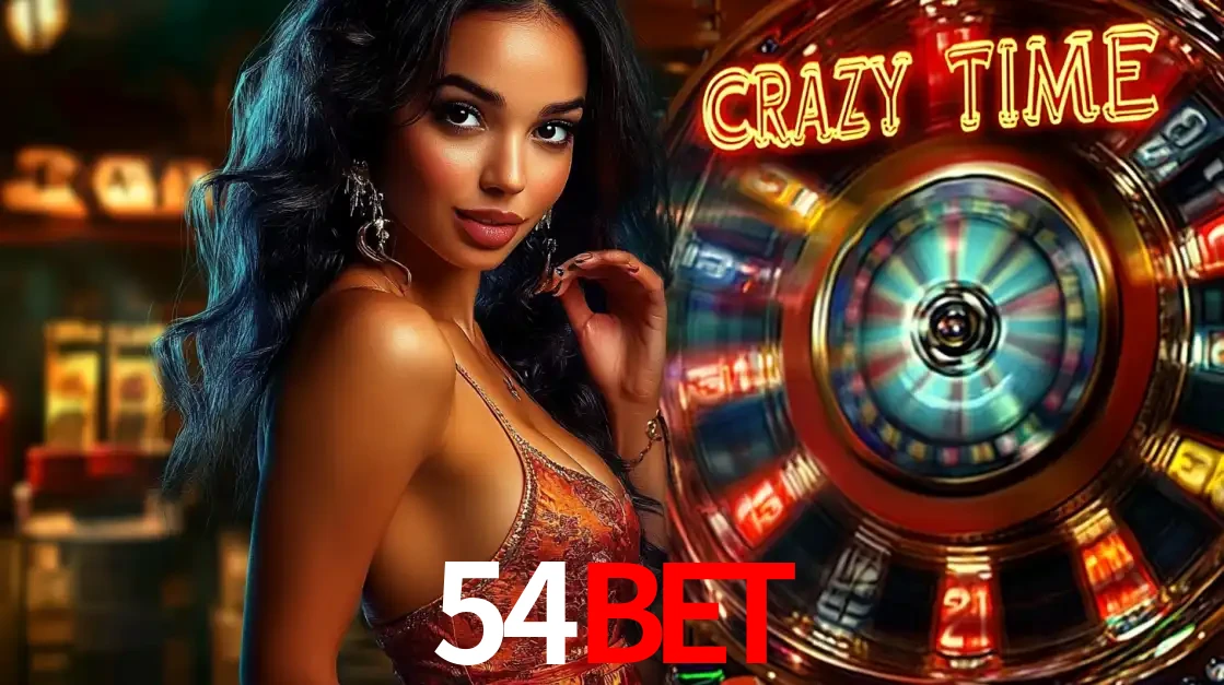 Mulher elegante ao lado da vibrante roda da fortuna do jogo de cassino ao vivo Crazy Time, um dos game shows mais populares e cheios de prêmios do 54BET.