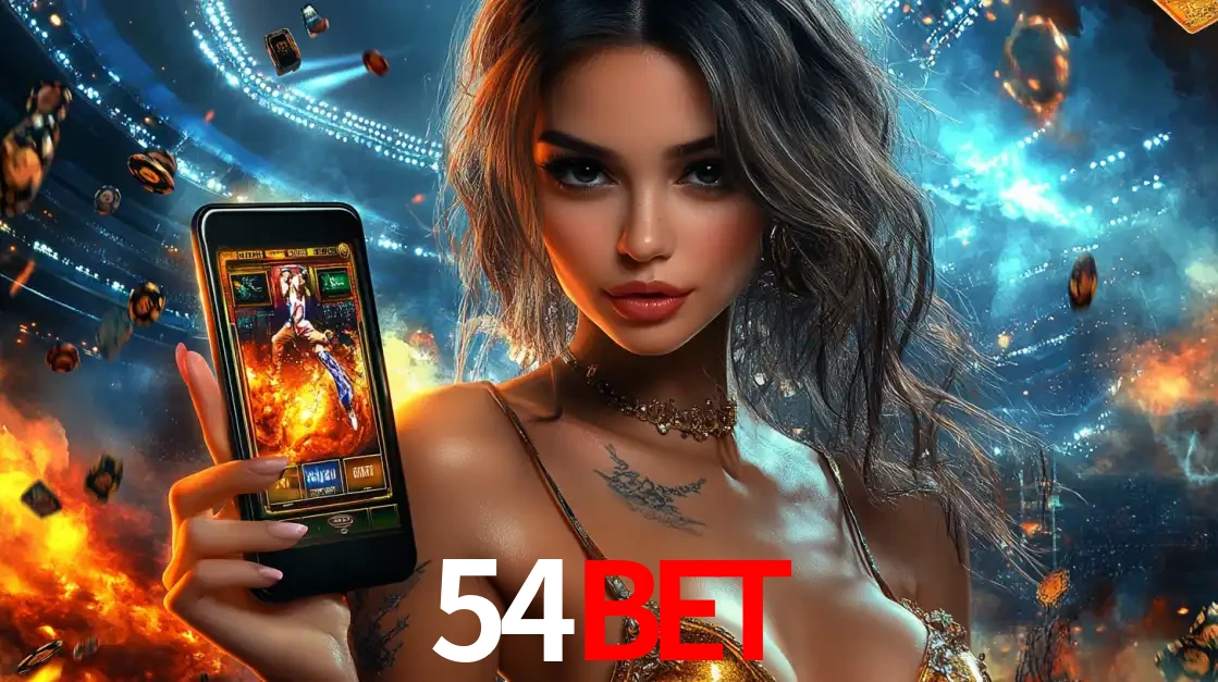 Mulher segurando um celular com um jogo de slot em destaque, tendo como fundo um estádio vibrante, simbolizando a emoção de jogar no cassino móvel 54BET.