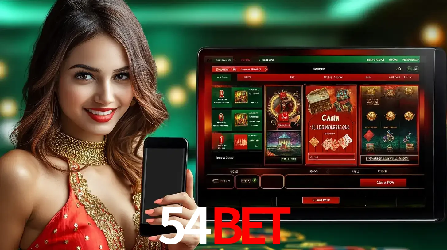 Mulher sorridente segurando um smartphone, ao lado de uma tela exibindo o lobby de jogos do cassino online 54BET, com várias opções de jogos de cartas e slots.